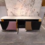 Art Deco Luxury TV Stand with White Marble Top Color Block Panels and Fluted Black Doors